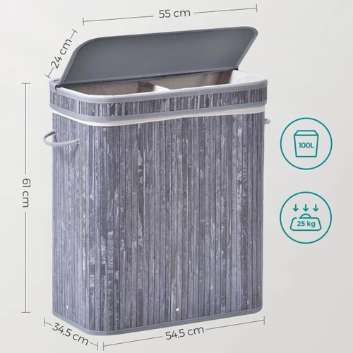 RYL-100L-GREY | Grey laundry basket | Bamboo toy box | Wooden clothes basket | Two-compartment laundry basket for the bathroom