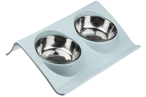 JDW-024-AZUL | Un juego de cuencos para perro o gato | Cuencos dobles de metal con soporte | Cuencos de acero para comida y agua.