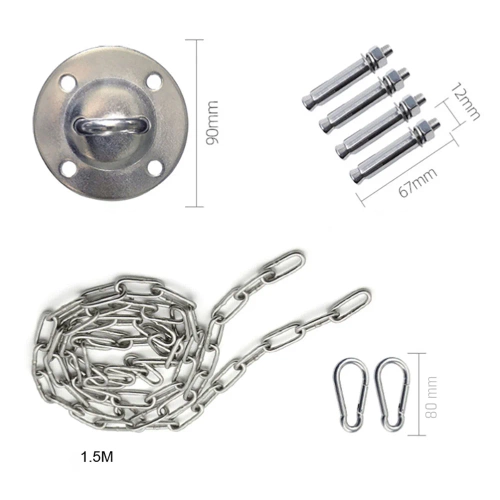 ACS-08-Zilver | Set voor montage hangstoelen, schommels, hangmatten | Handvat, ketting 1,5 m, 2x karabijnhaken, 4x haringen