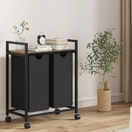 MZ-B20-NEGRU | Cos de rufe cu raft | Coș de rufe cu două compartimente | Cos de rufe cu roti