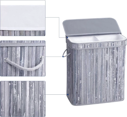 RYL-100L-CINZA | Cesto de roupa suja cinza | Recipiente de brinquedo de bambu | Cesto de roupa em madeira | Cesto de roupa suja com dois compartimentos para banheiro