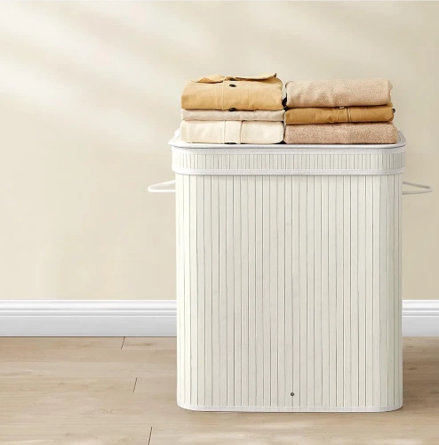 RYL-100L | Cesto per la biancheria bianco | Contenitore per giocattoli in bambù | Cesto porta abiti in legno | Portabiancheria a due scomparti per il bagno