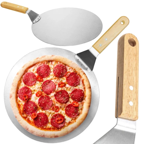 MD-120-SILVER | Steel pizza peel | Bread and baking shovel | Round stove spatula 